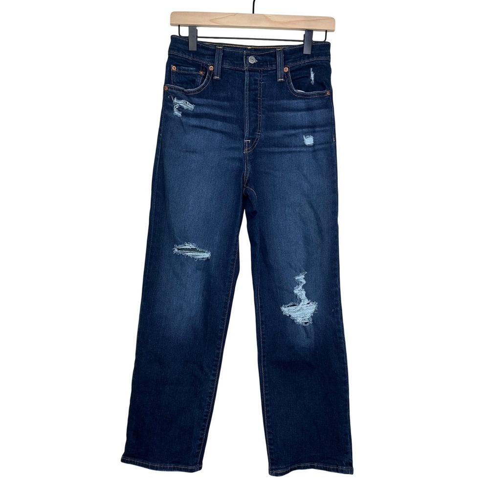 Levis Ribcage Straight Ankle Jeans Dark Distressed High Rise 26x27 72693-0133